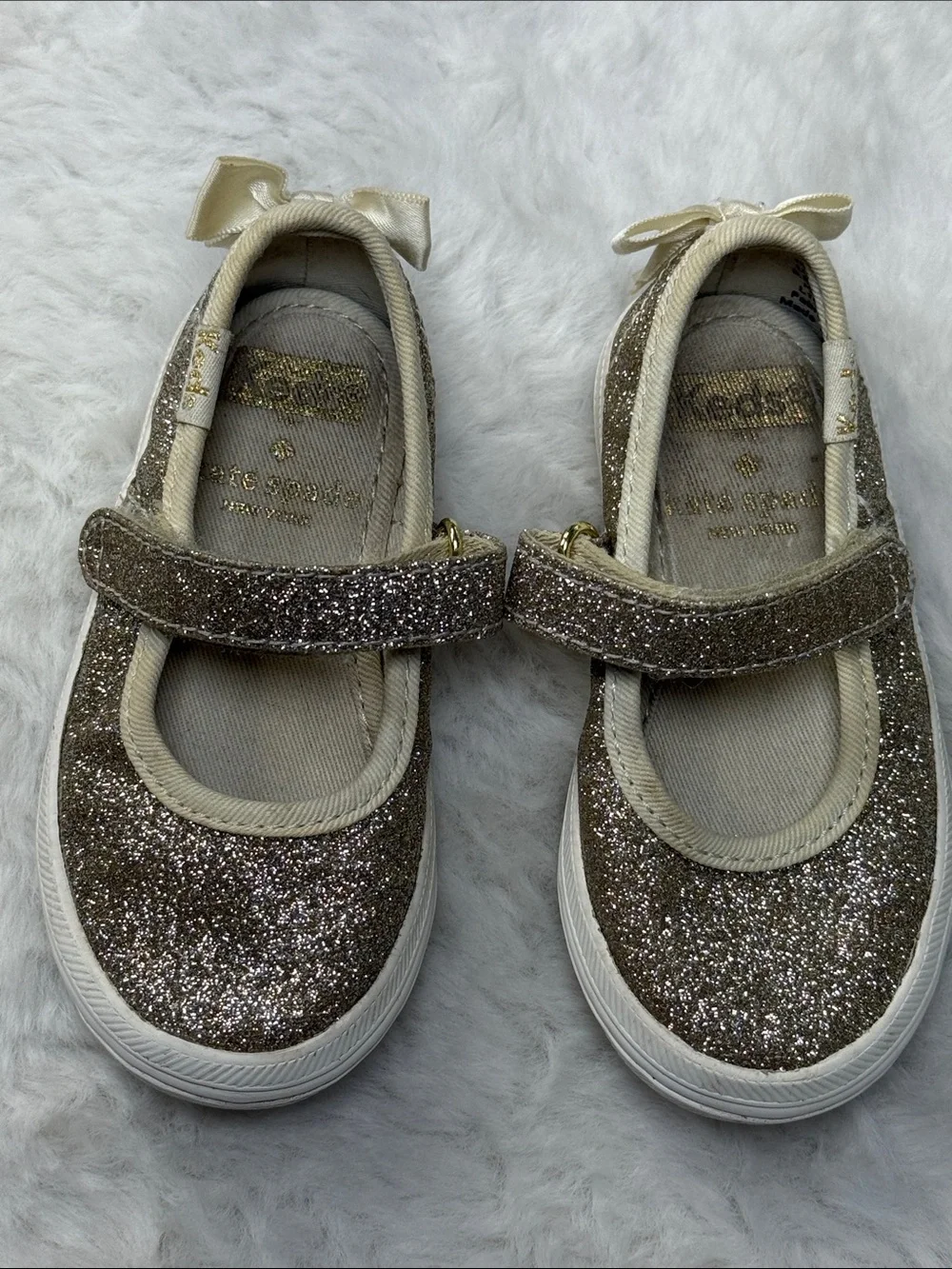 Keds x Kate Spade Sloane Toddler Mary Jane Shoes 5.5M Champagne Gold Glitter Bow